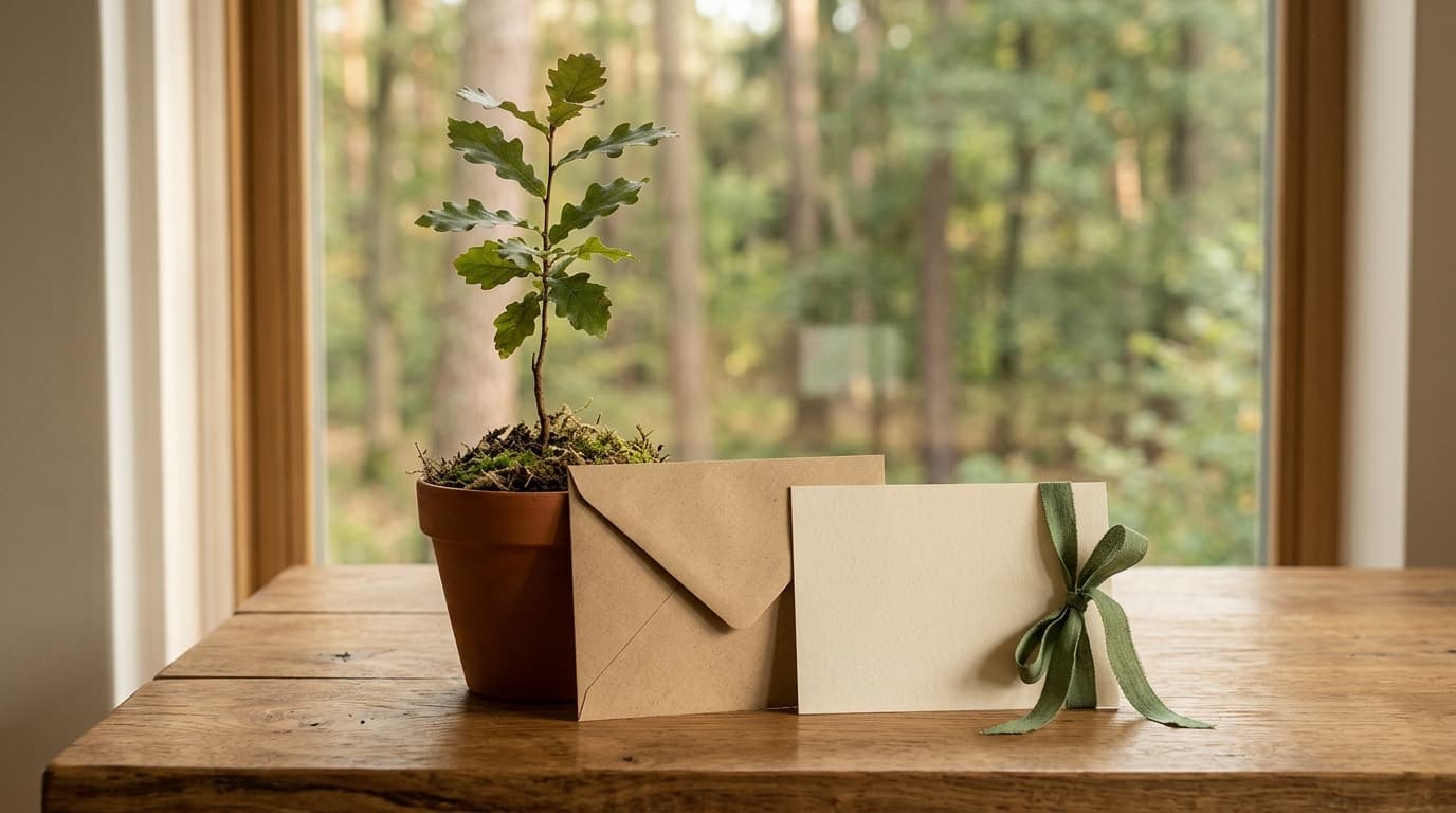 Kleiner Setzling mit leerer Geschenkkarte und Umschlag auf einem Holztisch
