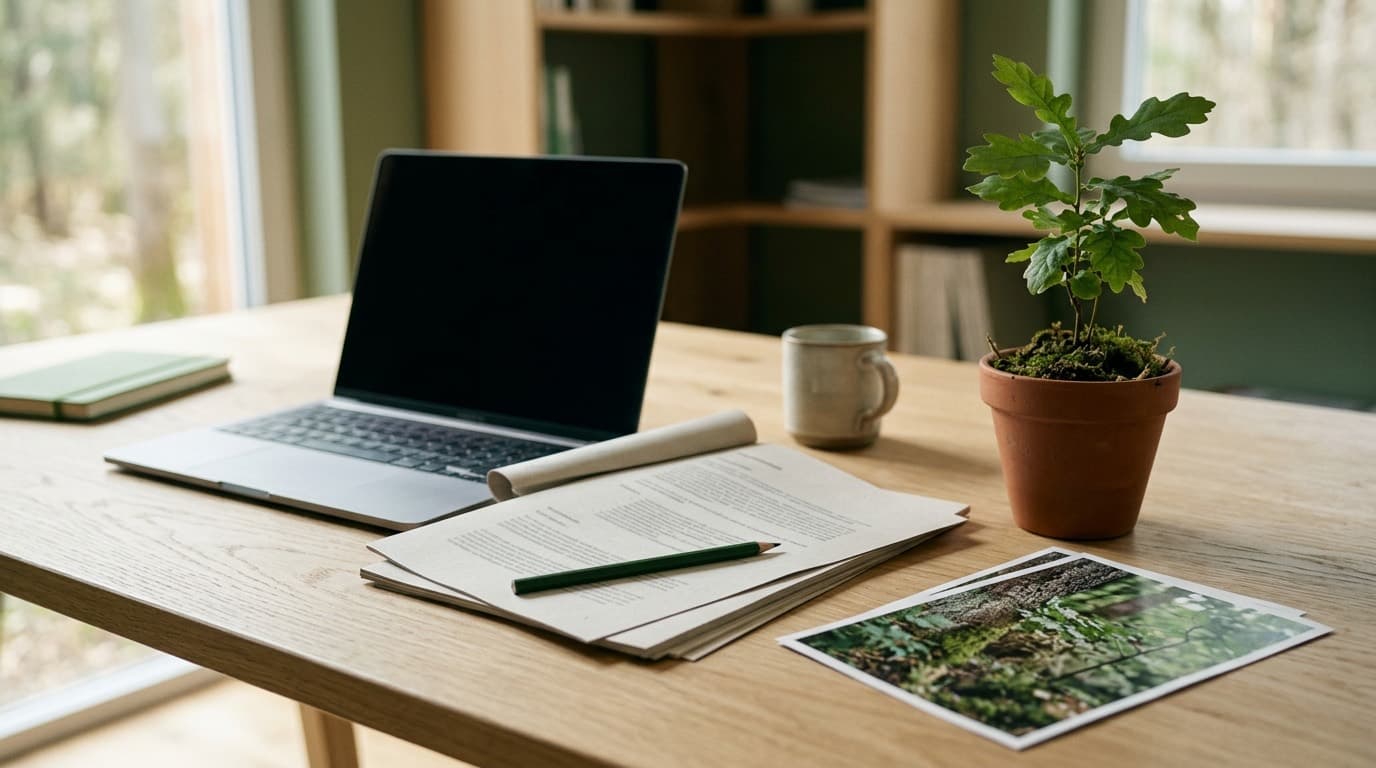 Schreibtisch mit Laptop, leeren Unterlagen, Stift und kleinem Setzling
