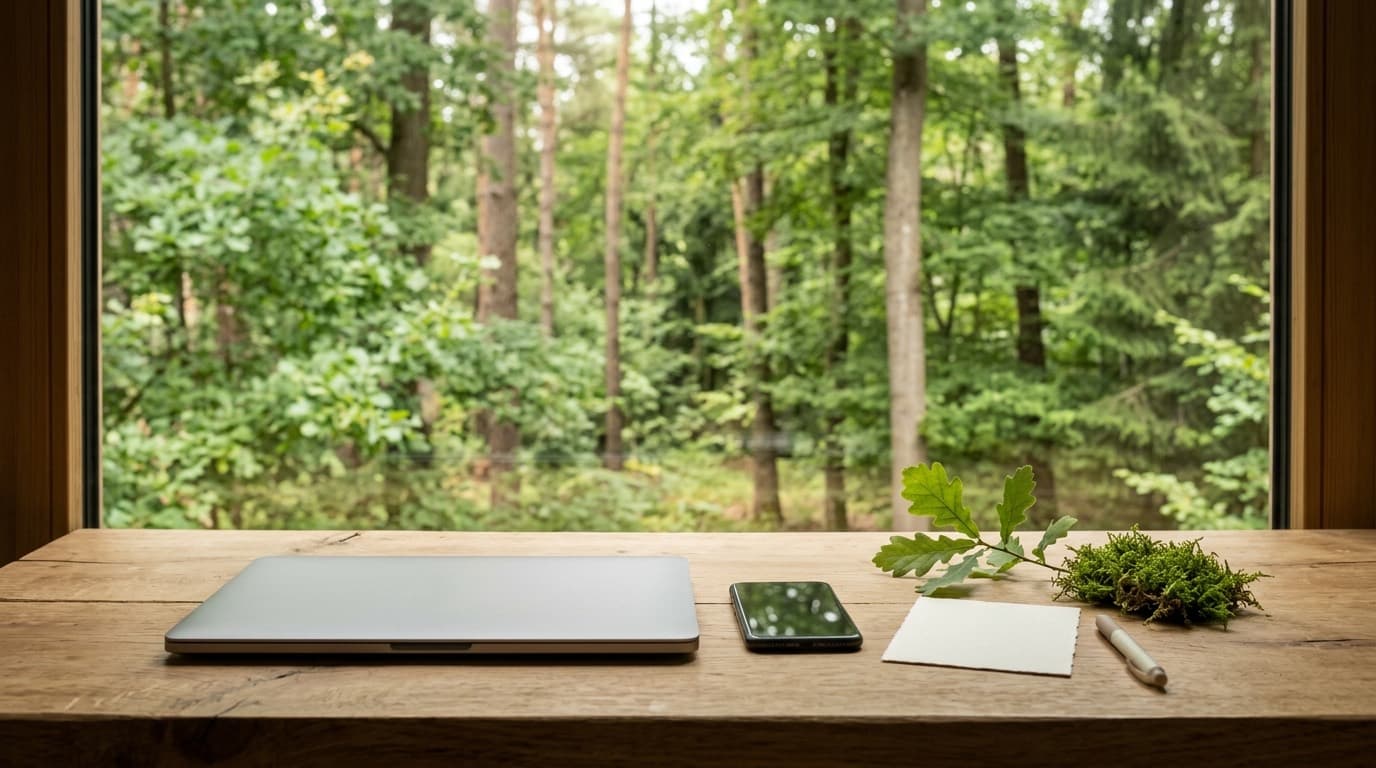 Ruhiger Arbeitsplatz mit Notizkarte, Smartphone und Waldblick