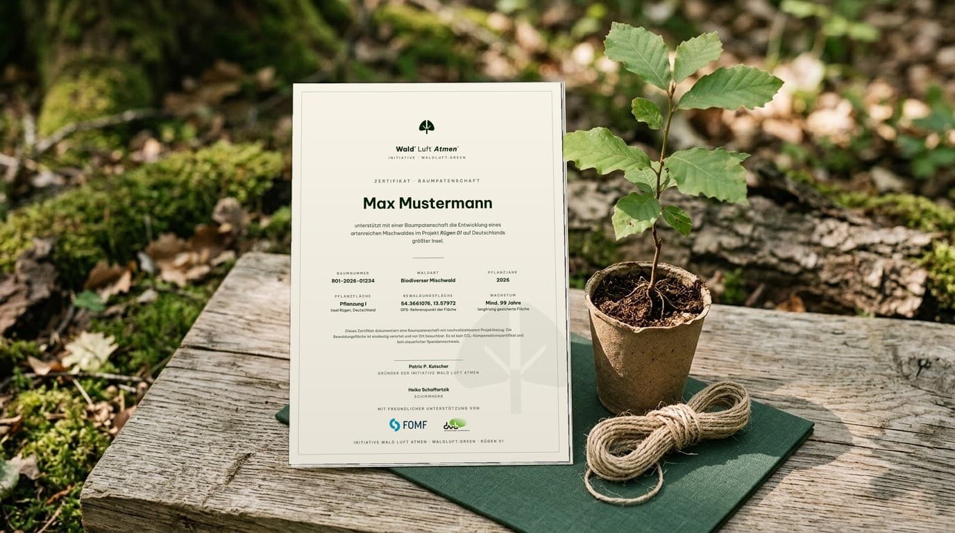 Leeres Zertifikat, Setzling und naturfarbene Unterlagen als Nachweis-Symbol