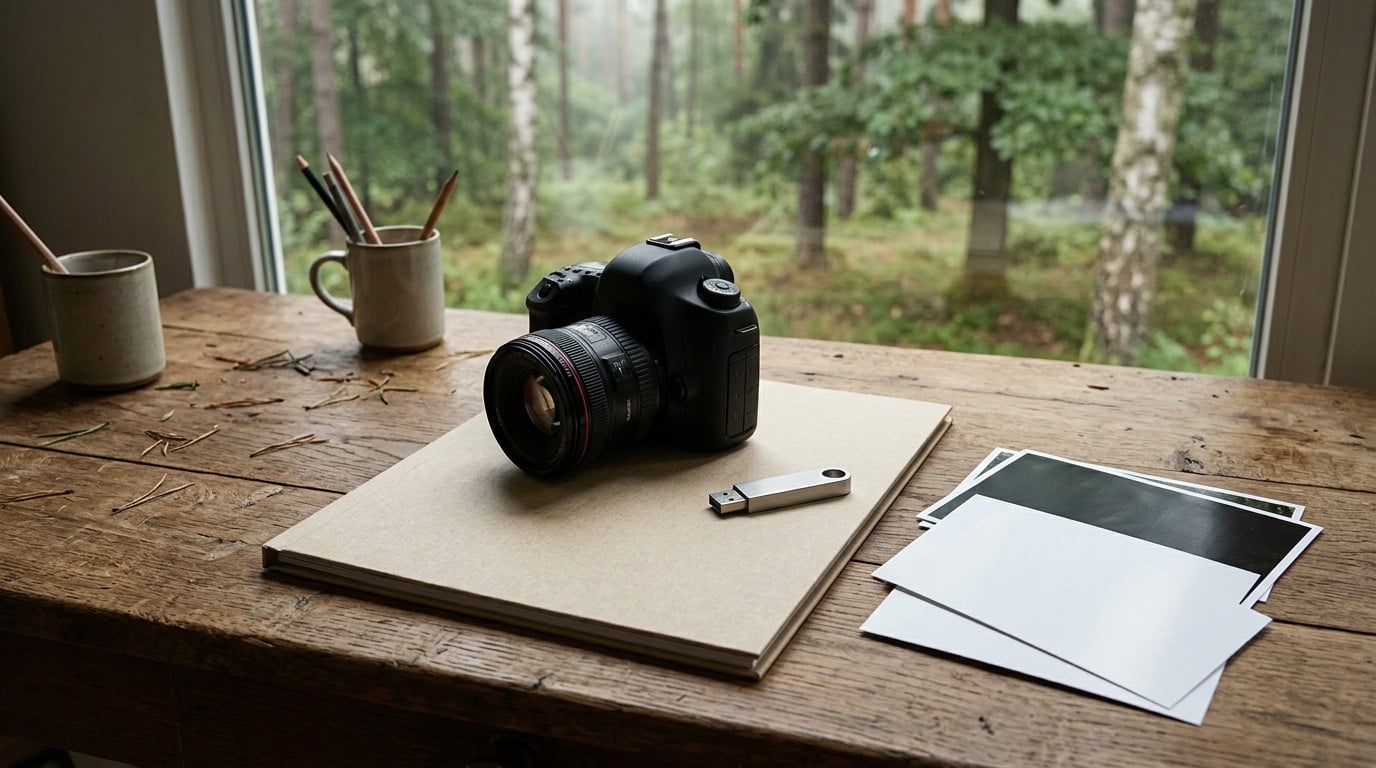Kamera und blanke Presseunterlagen auf einem Holztisch mit Waldblick