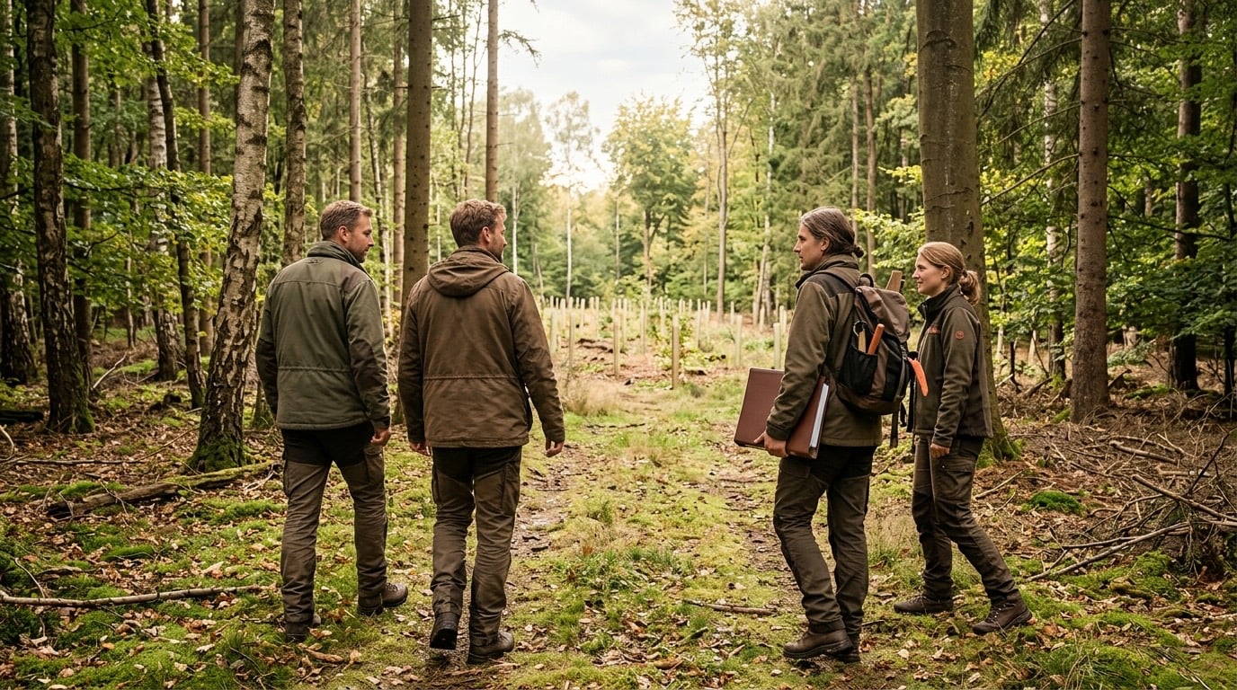 Kleines Projektteam geht gemeinsam durch einen Waldweg zur Pflanzflaeche
