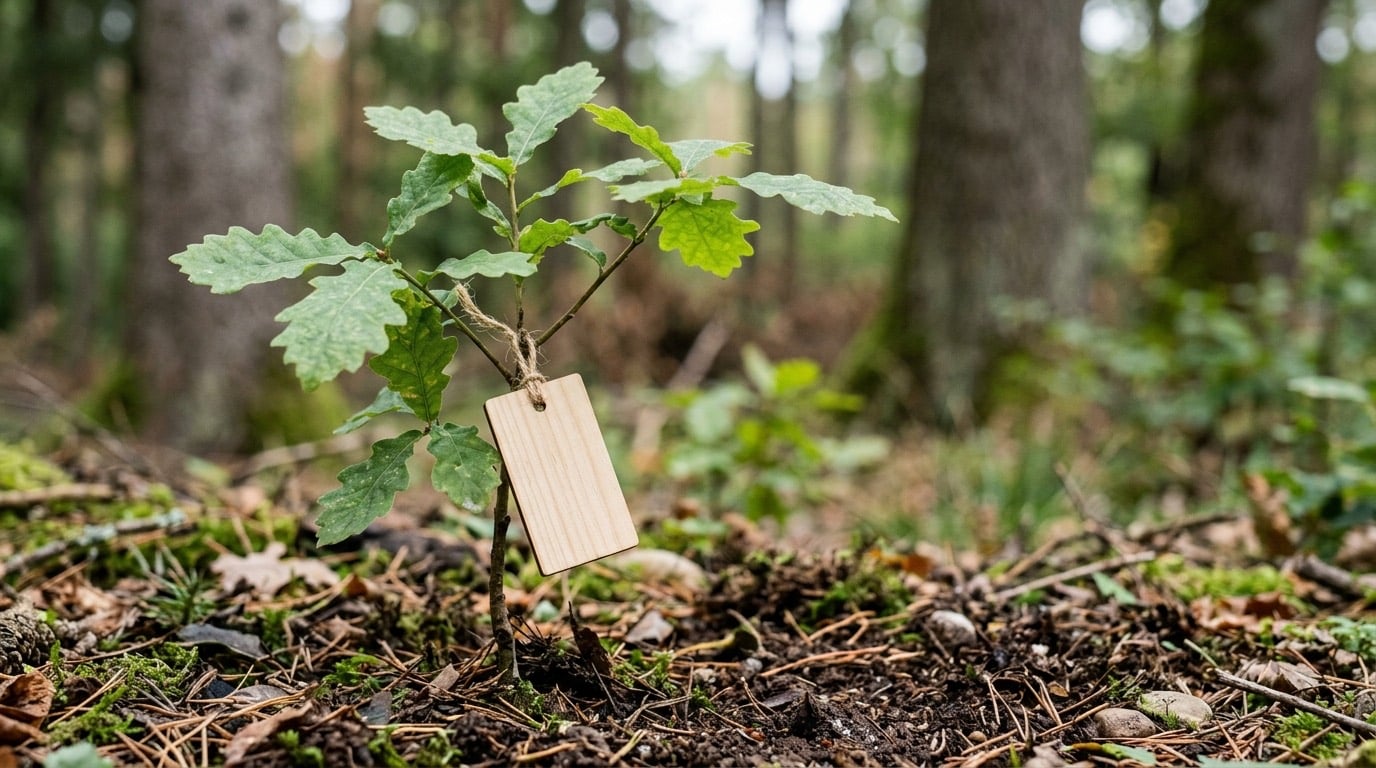 Junger Baumsetzling mit blankem Holzschild im Waldboden