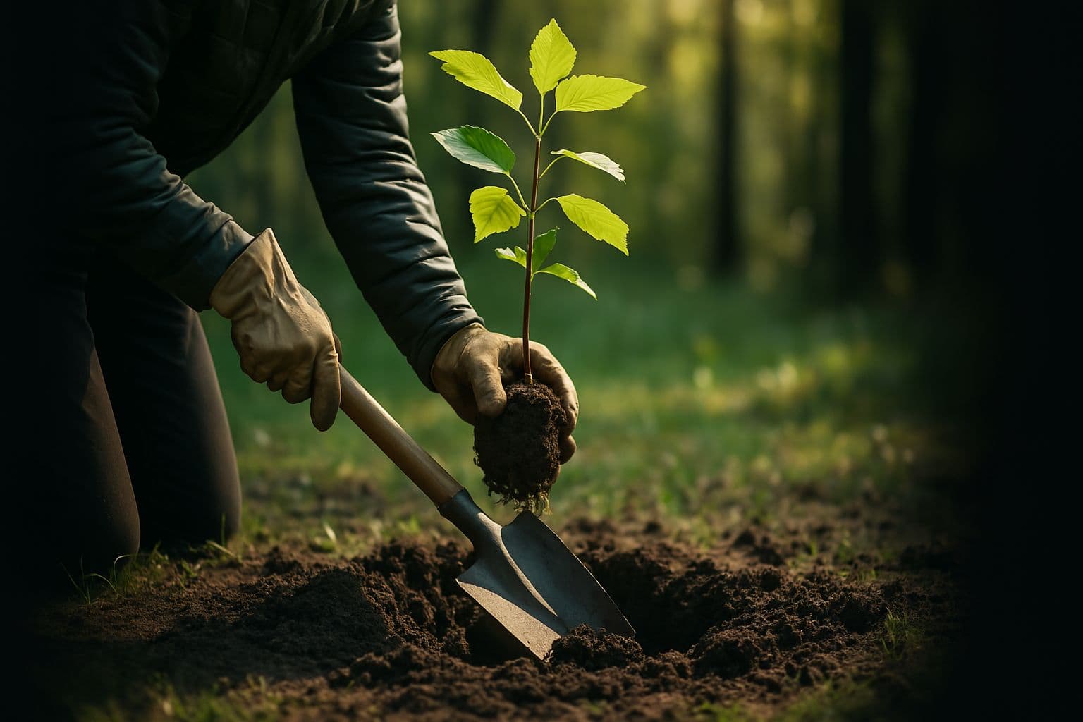 Junger Baum wird auf einer Projektfläche gepflanzt